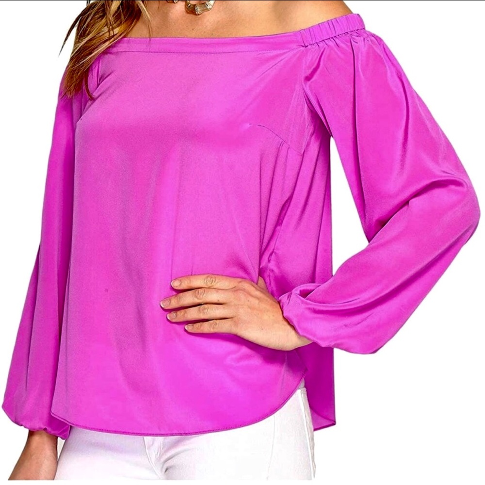LILLY PULITZER OFF-THE-SHOULDER SILK TOP IN BRILLIANT PURPLE Size-XS •NWOT•
